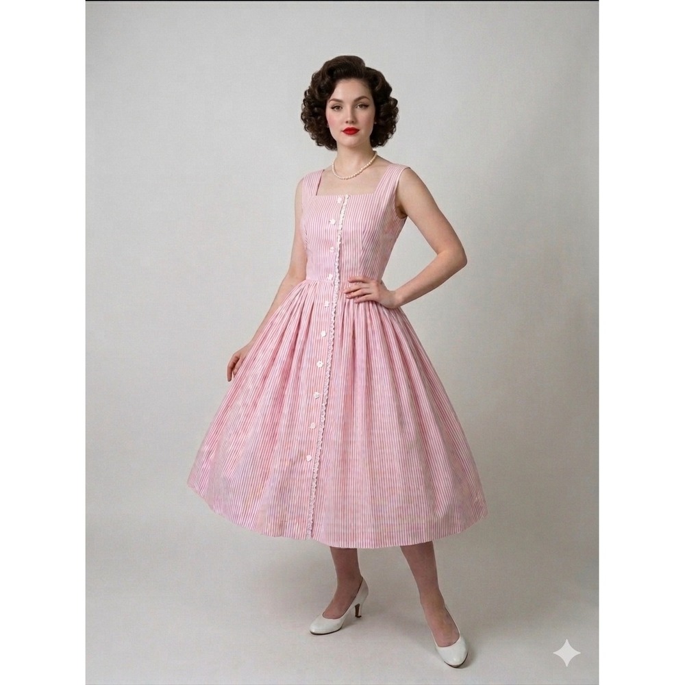 Vintage 1950s Kay Windsor Pink Striped Cotton Dress Fit & Flare Rockabilly 34/26